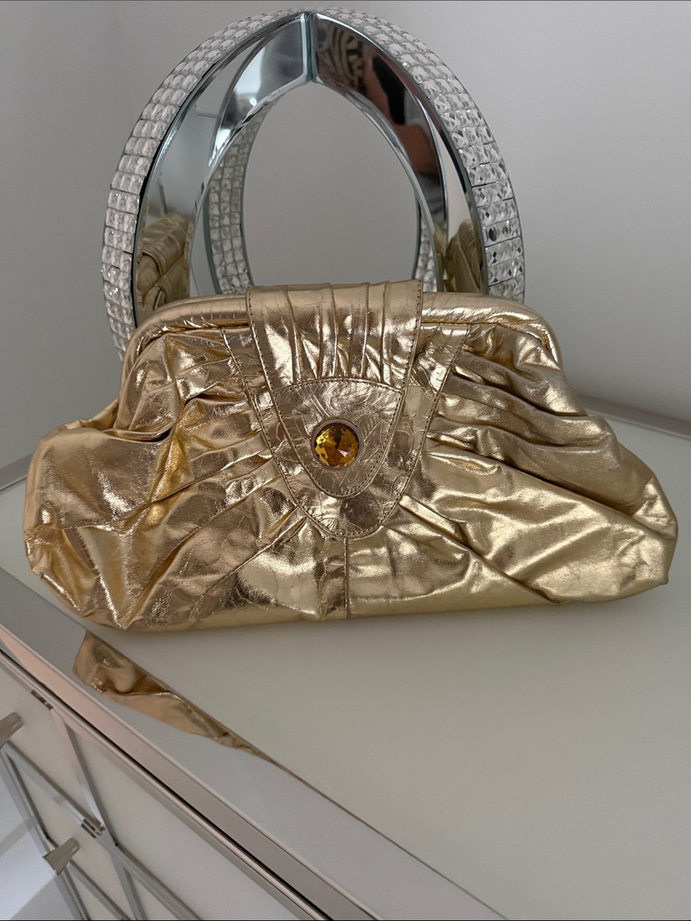 Gold Metallic Evening Clutch with Gem Detail